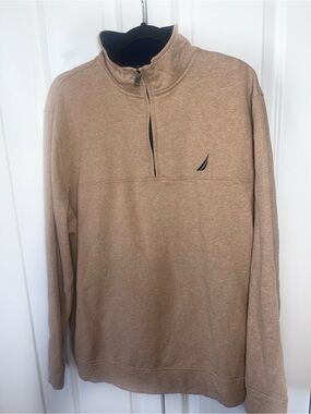 Nautica Men's Quarter-Zip Pullover Fleece - Tan with Navy accents XL